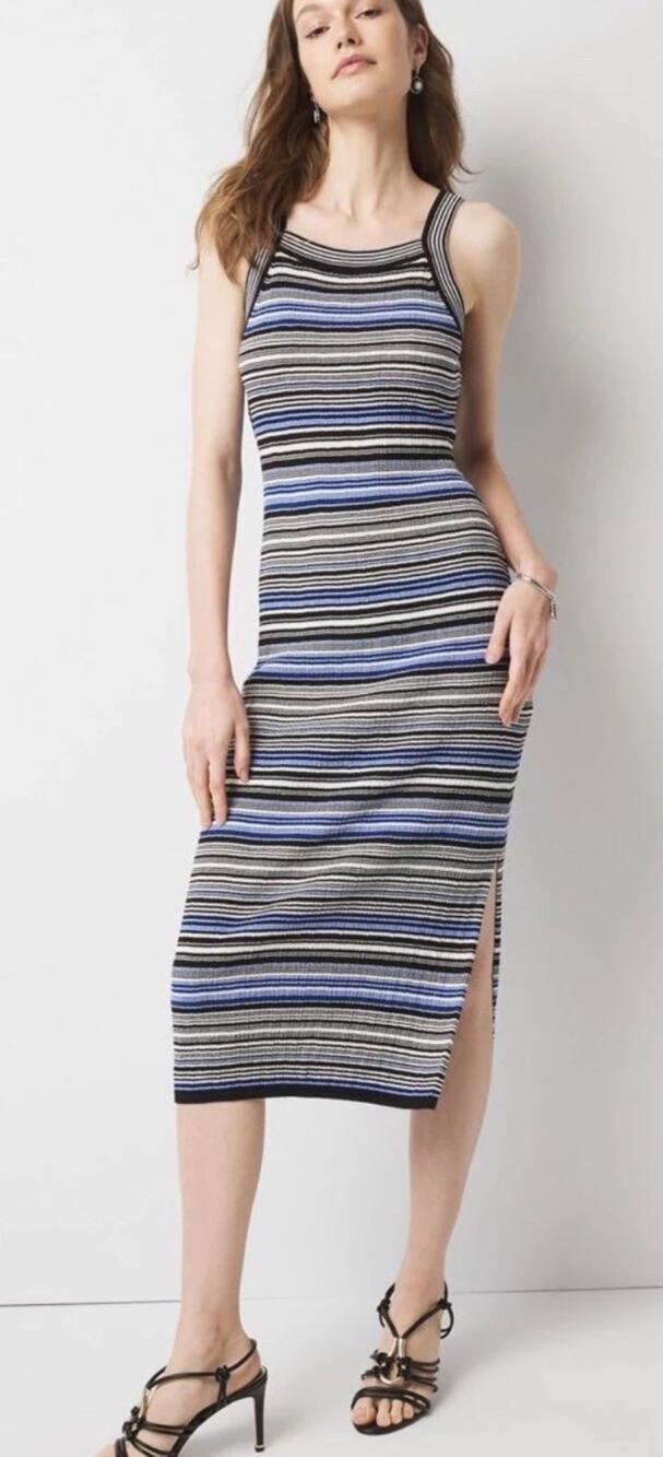 White House Black Market Sz L Ribbed Knit Striped Halter Midi Bodycon Dress NWT